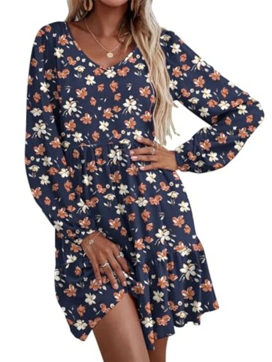 Dresses & Skirts - 🆕 Women Casual A Line Dress V Neck Tiered Dress Long Sleeve Tunic Dress with